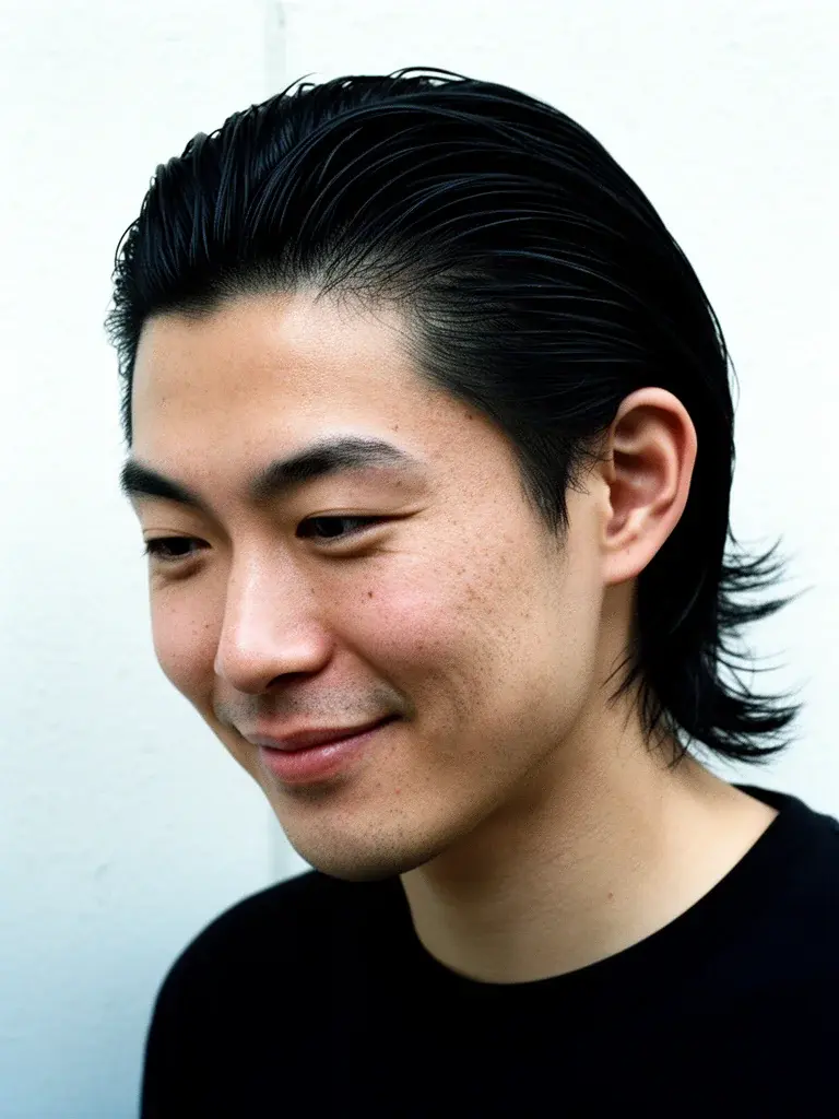 Slicked back flow on square face emphasizing jawline