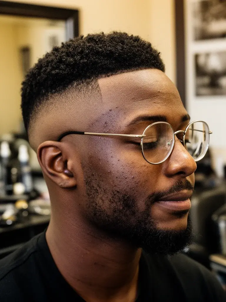Skin fade side profile revealing seamless gradient from skin to top