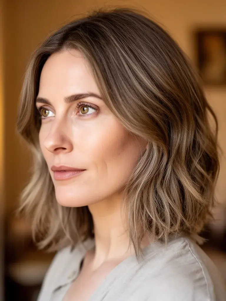 French woman with shoulder-length layers, side view in soft indoor light