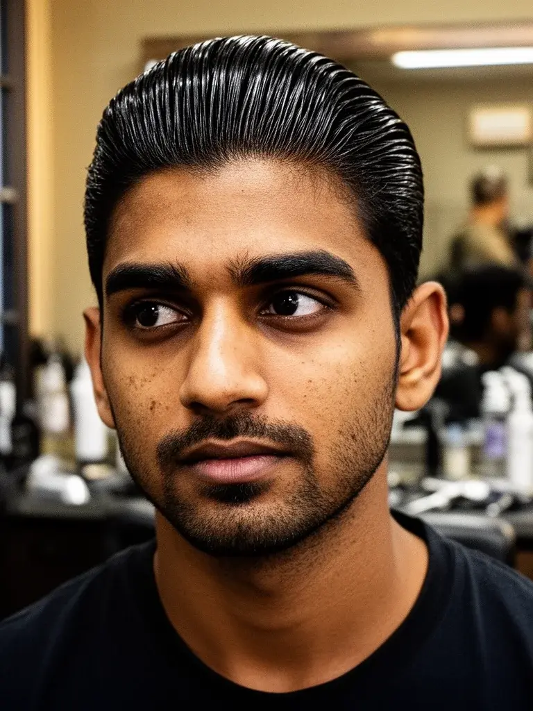 Slicked back in formal context showing the style versatility