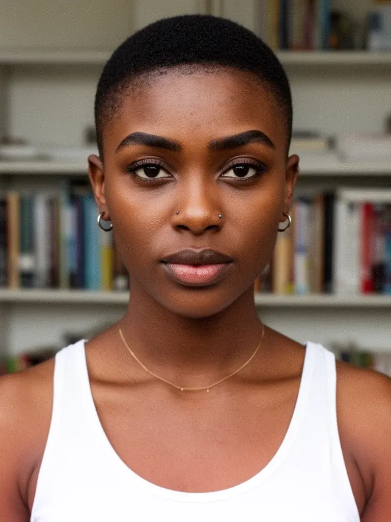 Nigerian woman with buzz cut, front-facing view showing full scalp coverage and clean lines