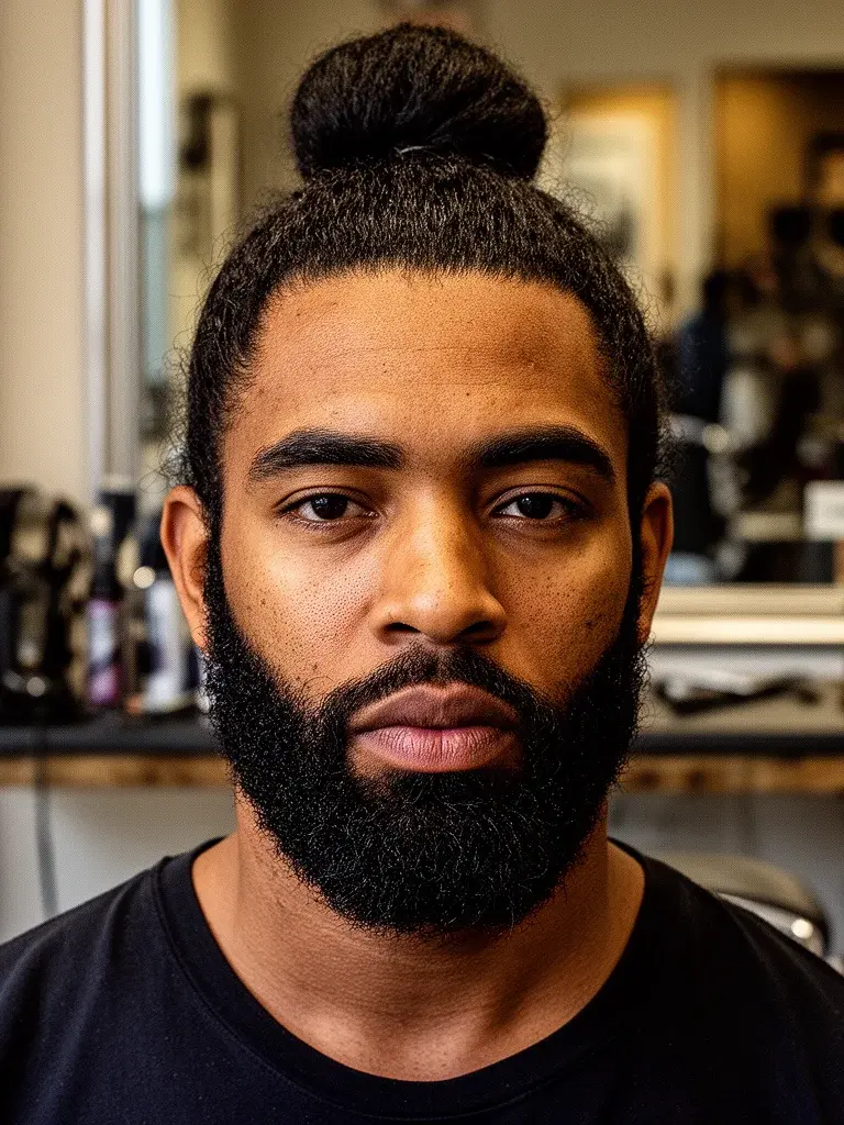 Man bun front view with hair pulled back cleanly from the face