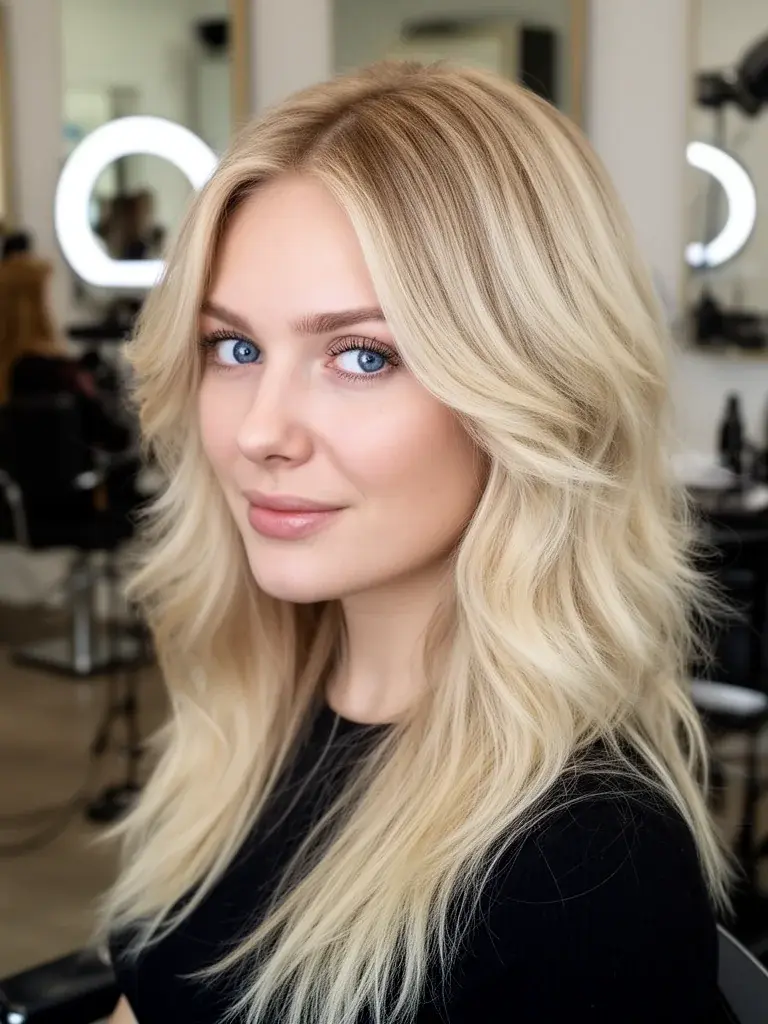 Scandinavian woman with face-framing layers, salon three-quarter view