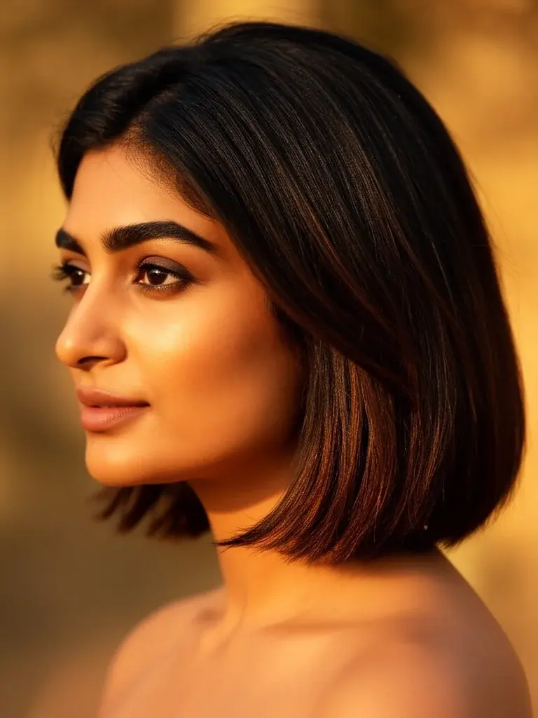Indian woman with shoulder-length layers, side profile in golden natural light