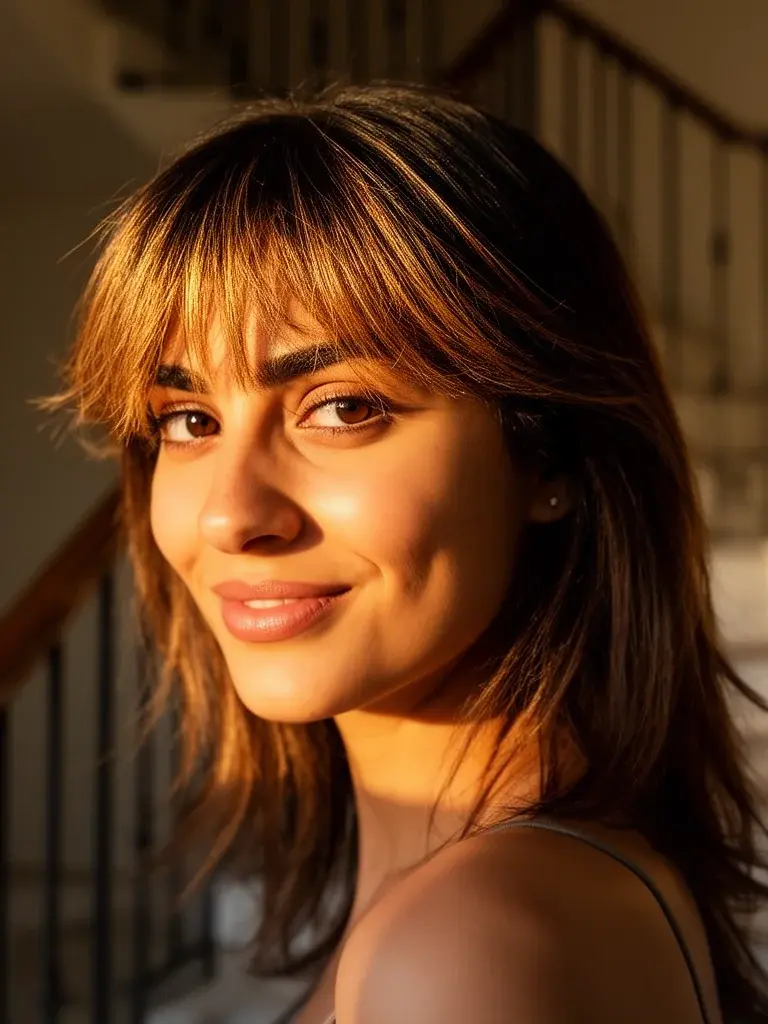 Italian woman with wispy bangs, three-quarter view with warm light catching strand separation