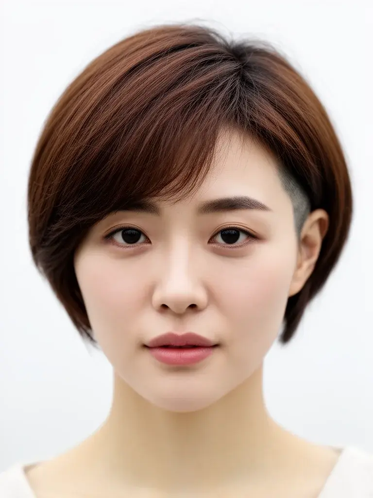 Pixie side undercut conservative version on a Korean woman with brown hair, minimal shave