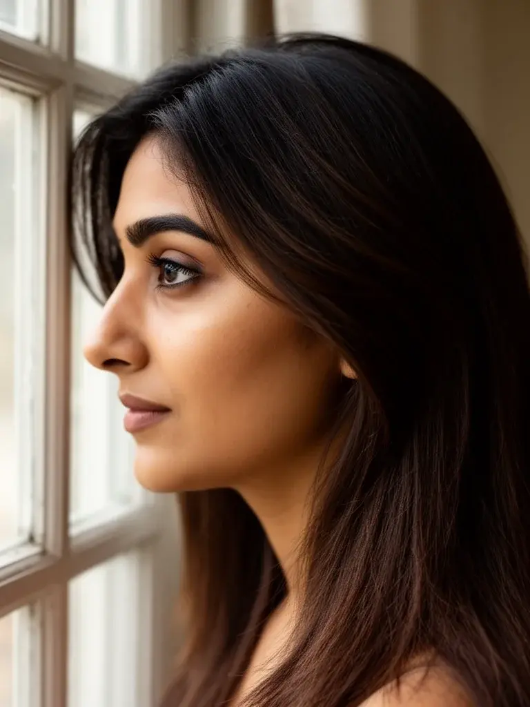 Indian woman with face-framing layers, side profile showing framing layers and long hair behind
