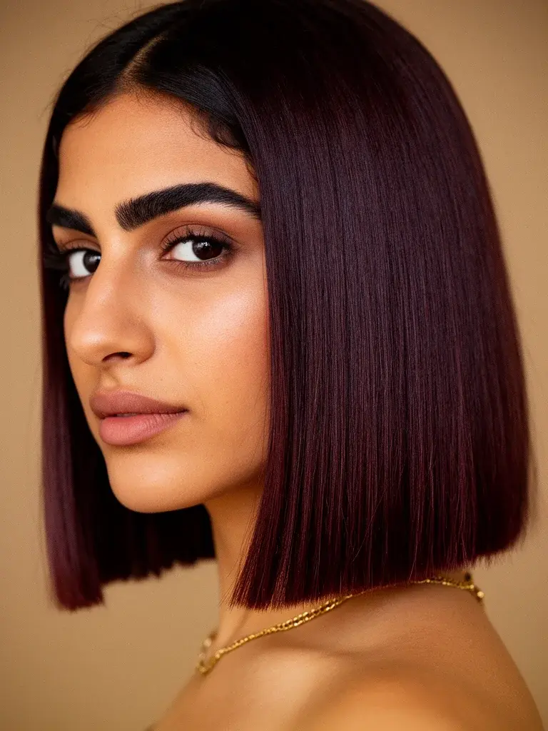 South Asian woman with blunt long hair in slight motion, wind catching the ends as one unified plane