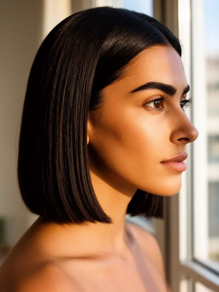 Sleek straight medium hair side profile on an Italian woman, collarbone length