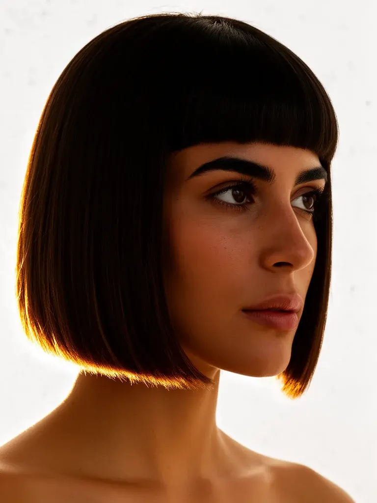 Spanish woman with blunt bob, three-quarter view backlit showing sharp end line