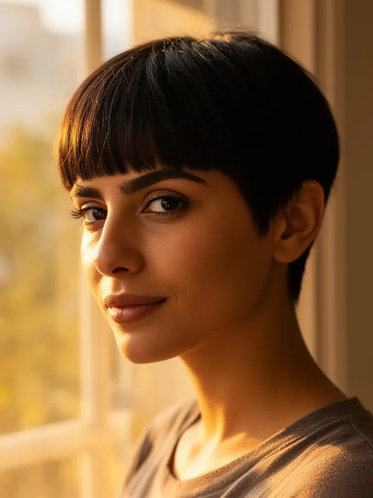 Pixie with short bangs on a Middle Eastern woman with dark hair in warm natural light