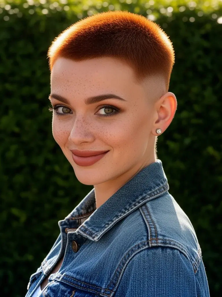British woman with auburn buzz cut, looking over shoulder with backlit rim light on hair edges