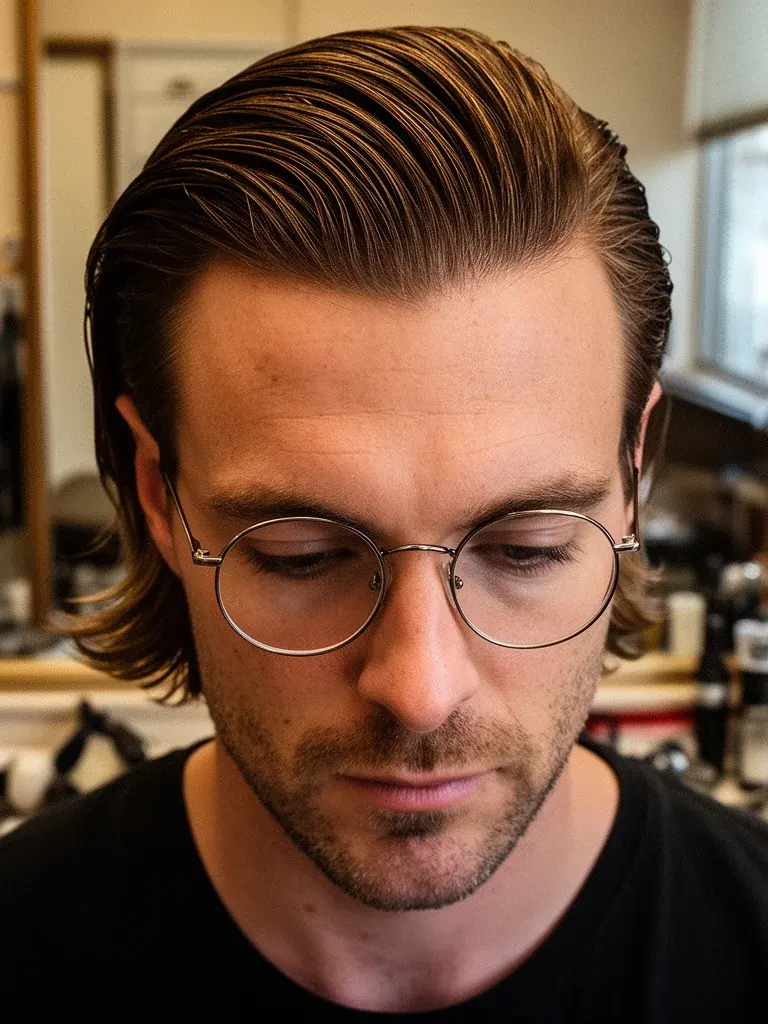 Slicked back flow on wavy hair with natural wave pattern visible