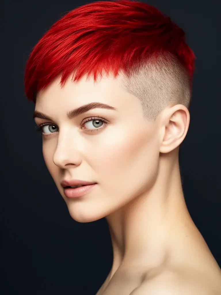 Pixie side undercut dramatic version on a French woman with bold red fashion color