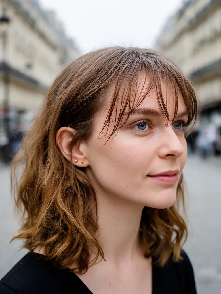 See-through bangs on a white woman with light brown hair, soft strands resting above eyebrows