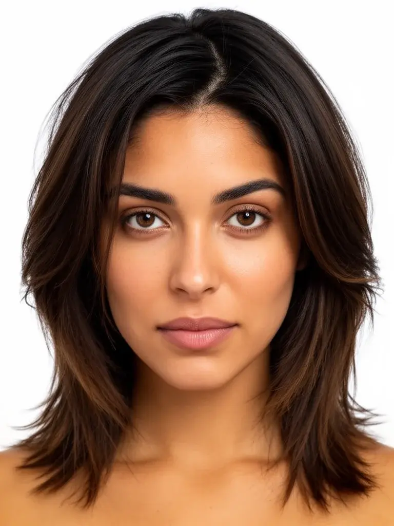 Mixed-ethnicity woman with butterfly cut, front-facing in clean minimal setting