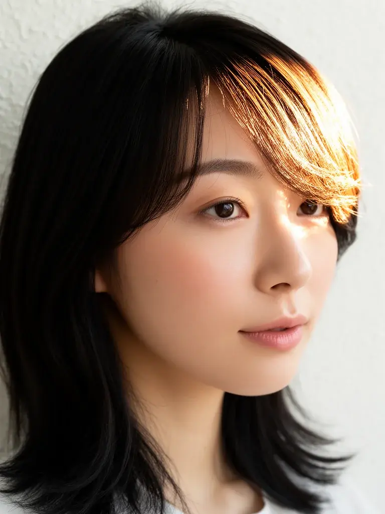 Japanese woman with side-swept bangs, backlit three-quarter view