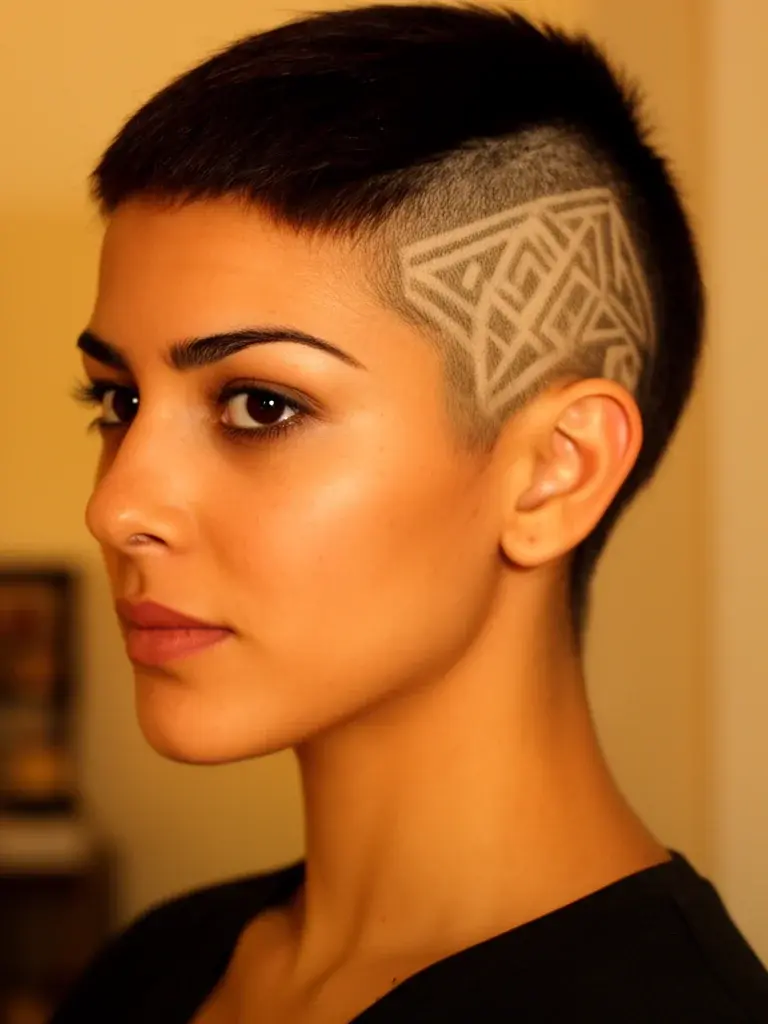 Pixie side undercut with buzzed design on a Latina woman with dark hair