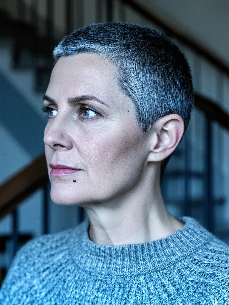 German woman in her forties with salt and pepper buzz cut, three-quarter view in cool toned light