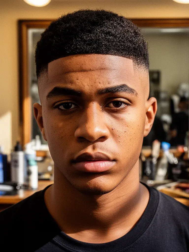 Low fade front view with natural top and subtle side blend
