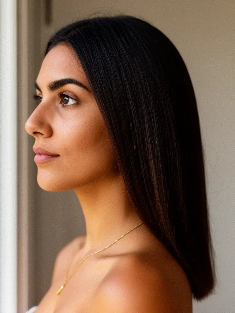 Black woman with straightened blunt long hair, three-quarter view showing high-shine density