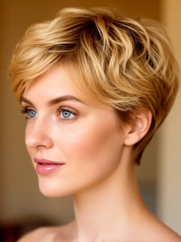 Layered pixie cut three-quarter view on a white woman with sandy blonde hair and natural waves