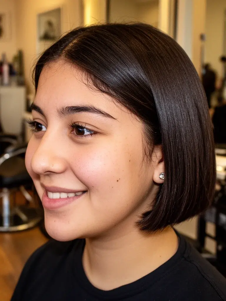 Classic bob three-quarter view on young Mexican woman in salon with dark brown hair