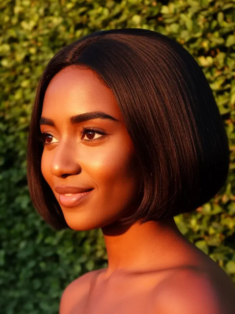 Ethiopian woman with a-line bob, three-quarter view in warm golden outdoor light