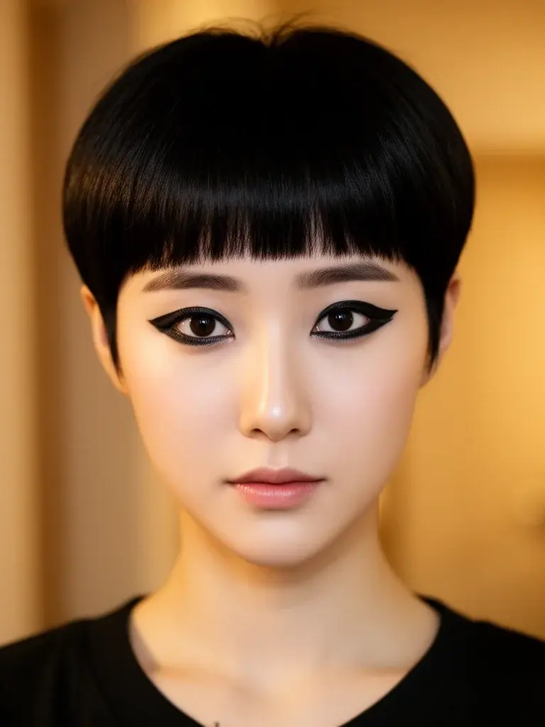 Pixie with short bangs on a Korean woman with black hair and minimal makeup