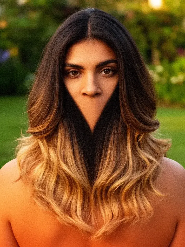 V-cut layers front view on a Brazilian woman with balayage, showing face-framing effect