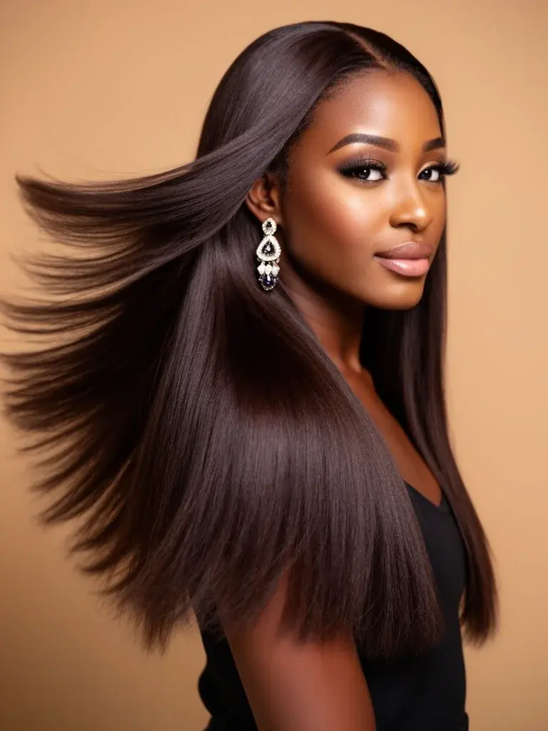 Middle Eastern woman with thick dark U-cut hair, side-back angle comparing the U-shape to a straight blunt cut