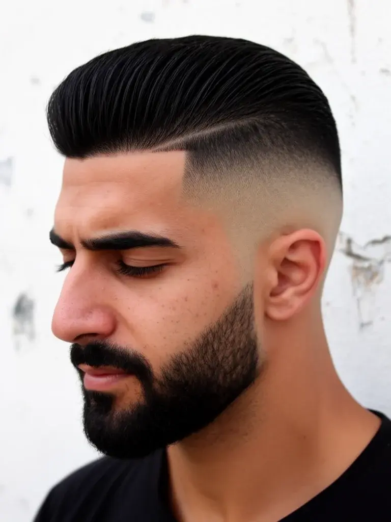 Mid fade three-quarter angle showing temple blend precision