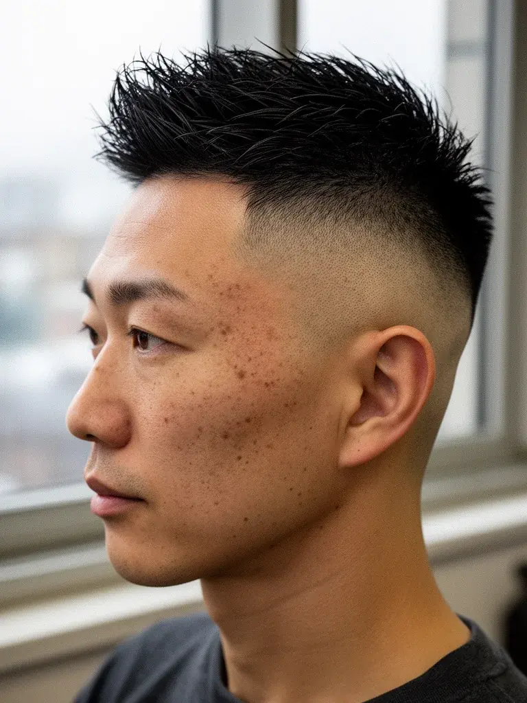 Low skin fade with textured top styled upward