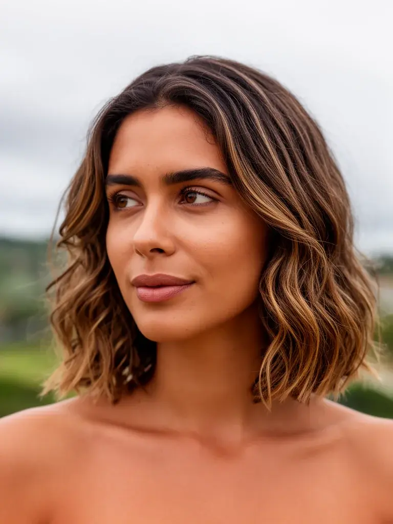 Brazilian woman with lob in natural outdoor light, looking forward