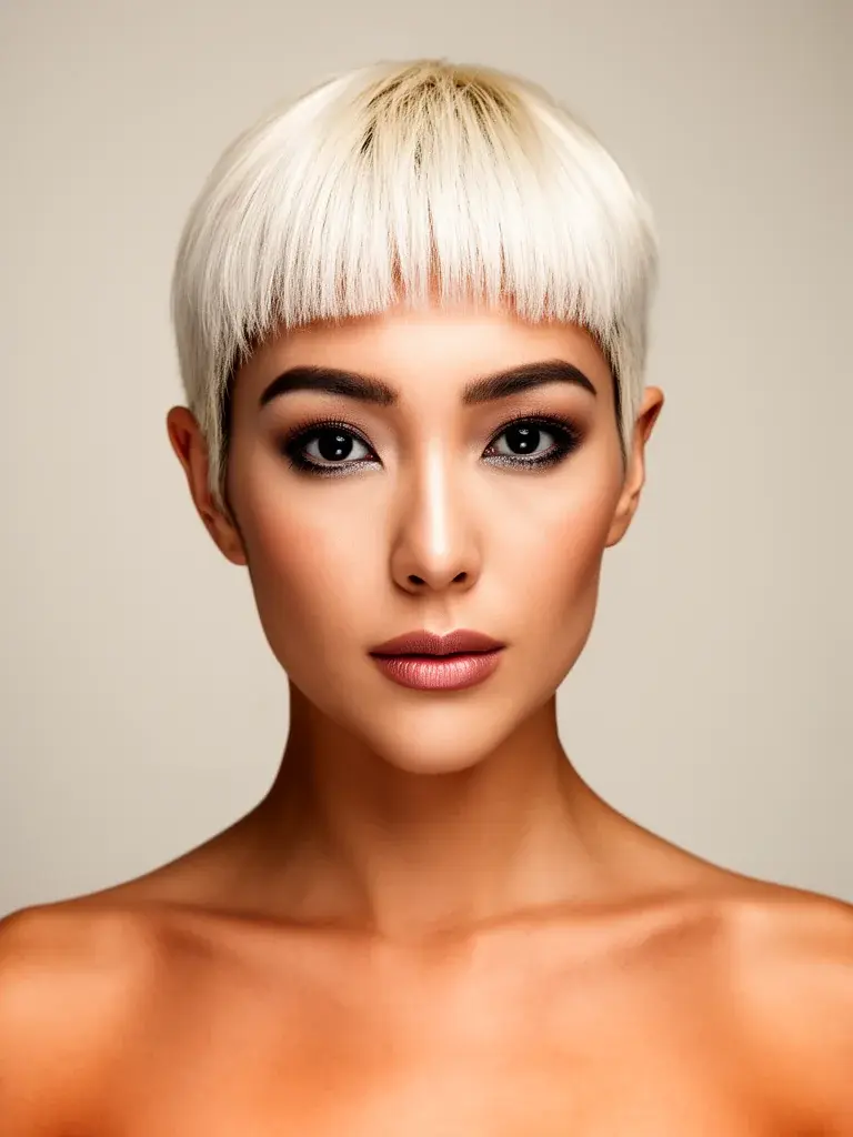 Pixie short bangs micro version on a Japanese woman with platinum blonde hair, bangs above mid-forehead