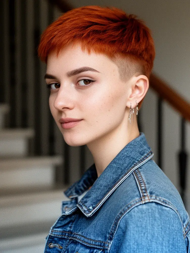 Short pixie cut body-turned pose on a woman with copper red hair