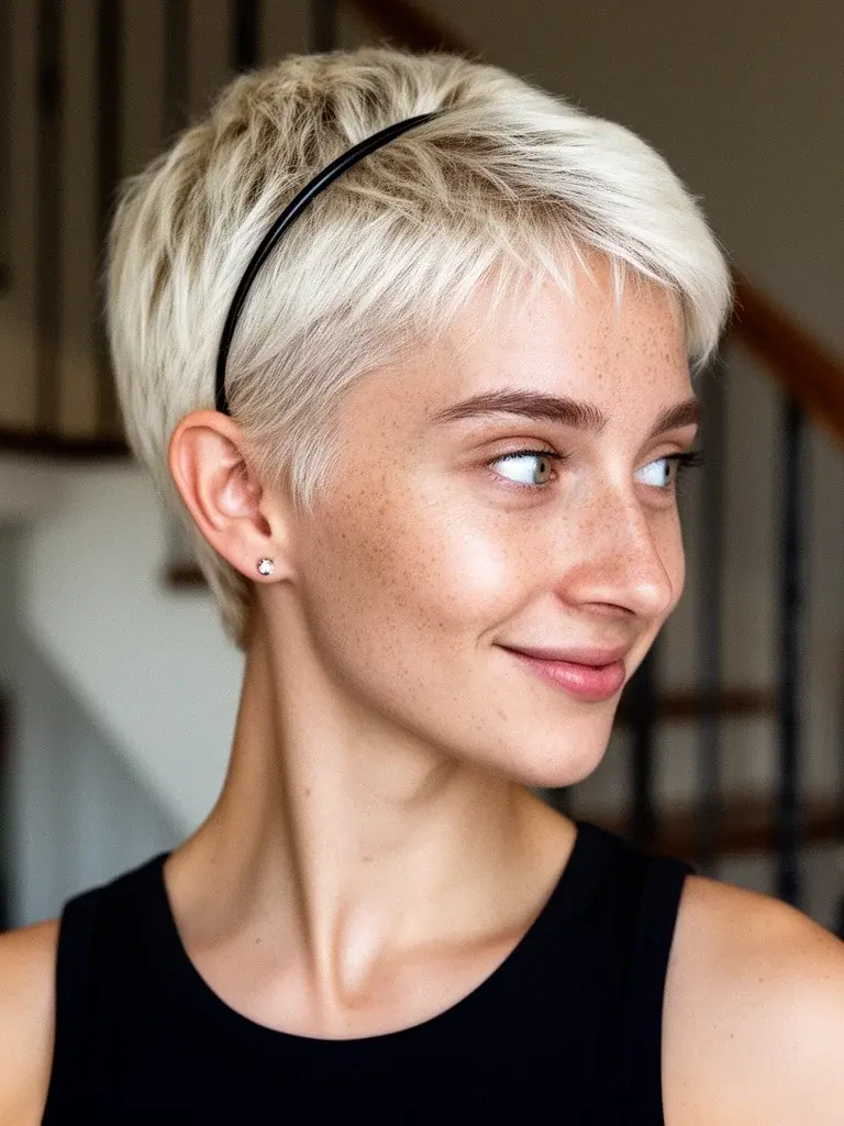 Boy cut on a German woman with platinum blonde hair and thin headband, ring light