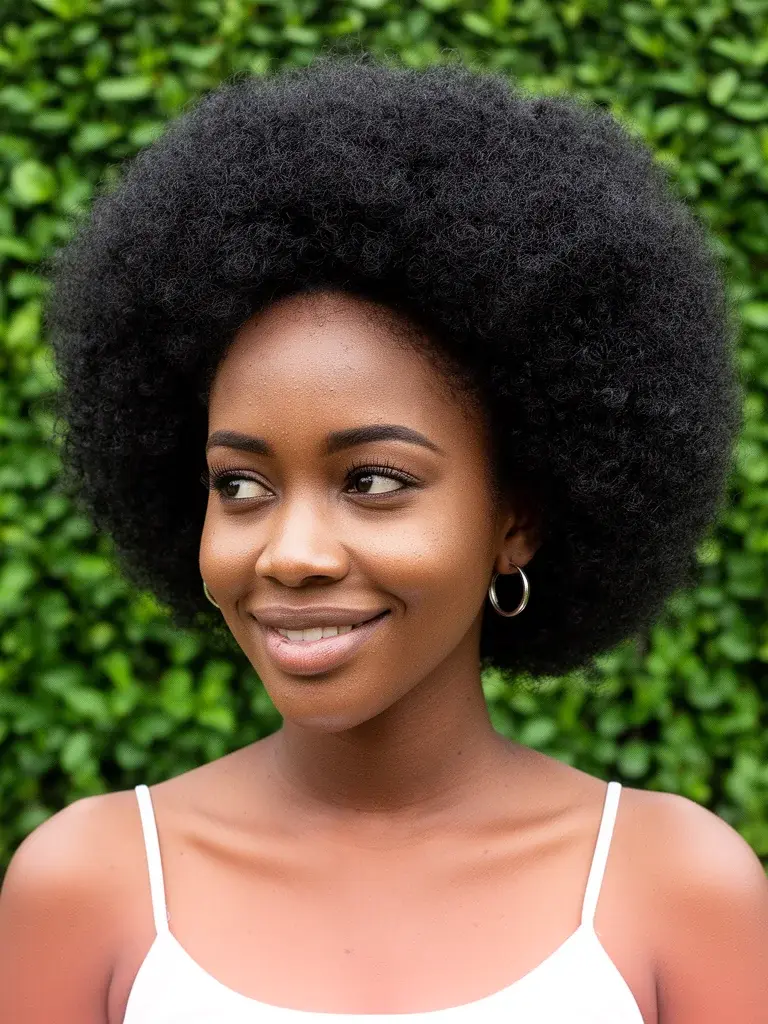 Natural afro front view on a Ghanaian woman with voluminous rounded silhouette outdoors