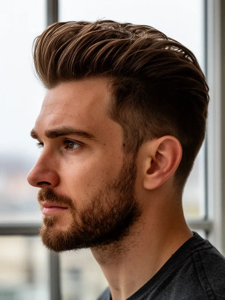 Soft quiff side profile with tapered sides and volume on top