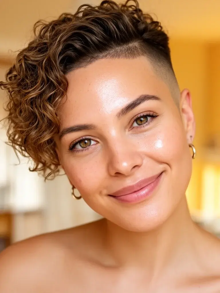 Black woman with tapered cut and color on top, showing copper-toned curls contrasting with closely tapered sides