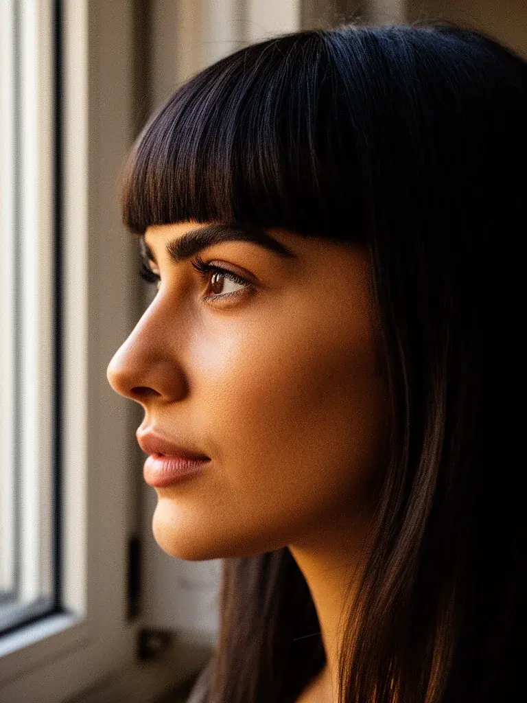 Blunt bangs side profile on an Italian woman with long dark hair
