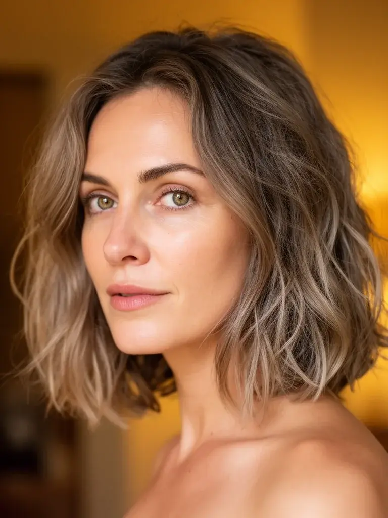 French woman with undone lob, side view in golden light showing air-dried texture