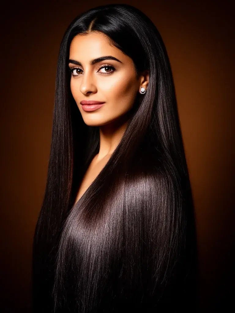 Middle Eastern woman with classic-length straight hair worn loose, dramatic length past the hips