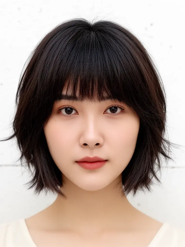 Short shag front view on a Vietnamese woman, visible crown layers and textured ends