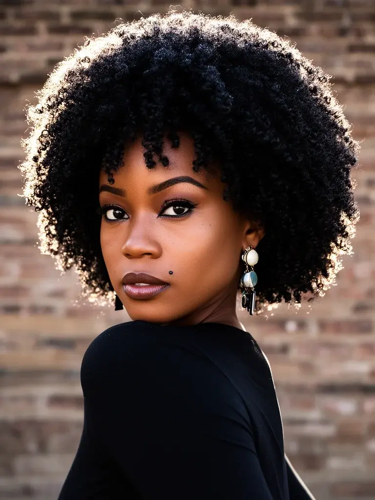 Natural afro back-glance on a Kenyan woman, backlit outdoors showing full silhouette