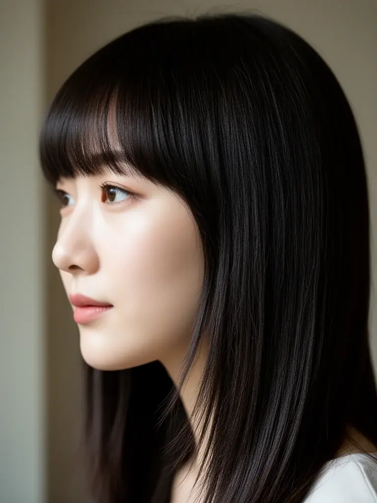 Bottleneck bangs side profile on a Korean woman with straight dark hair