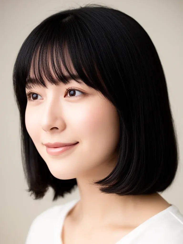 Japanese woman with lob and curtain bangs, three-quarter view in soft studio light