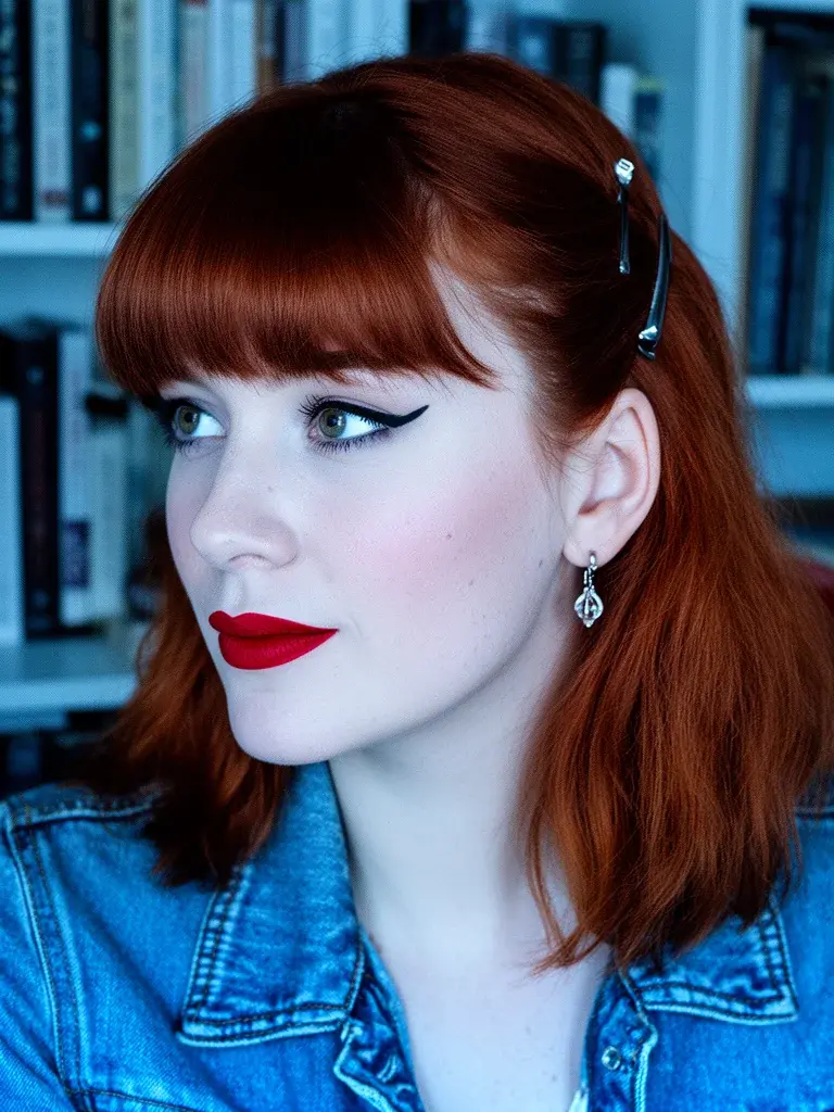 Curtain bangs on a Polish woman with auburn hair, retro makeup, overhead angle
