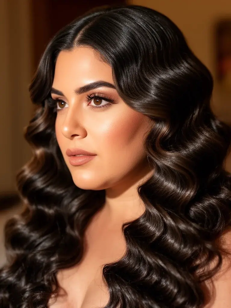 Hollywood waves on a Mexican woman, soft directional light emphasizing wave structure