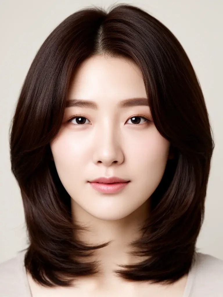 Korean woman with shoulder-length layers, front view showing natural movement and clean ends